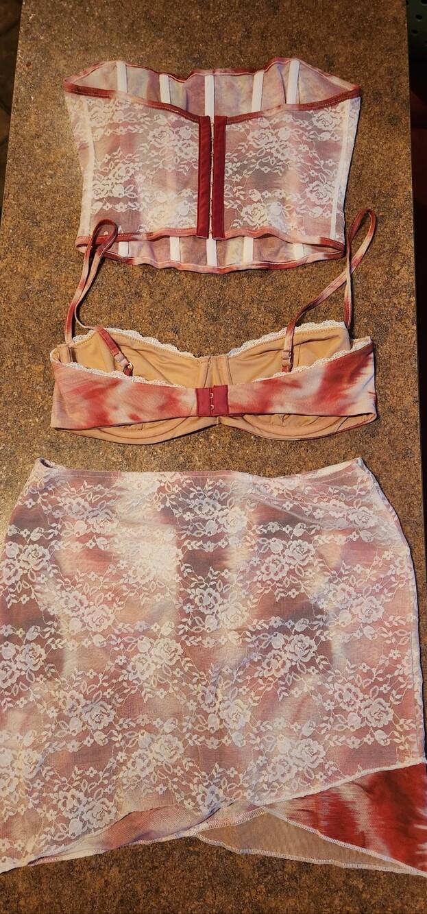 OUTCAST Lace-Detail Mini Skirt,Bra, & Corset in Dusty Rose - Picture 5 of 7